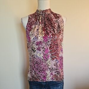 White House Black Market Floral High-Neck Blouse - Pink and Purple